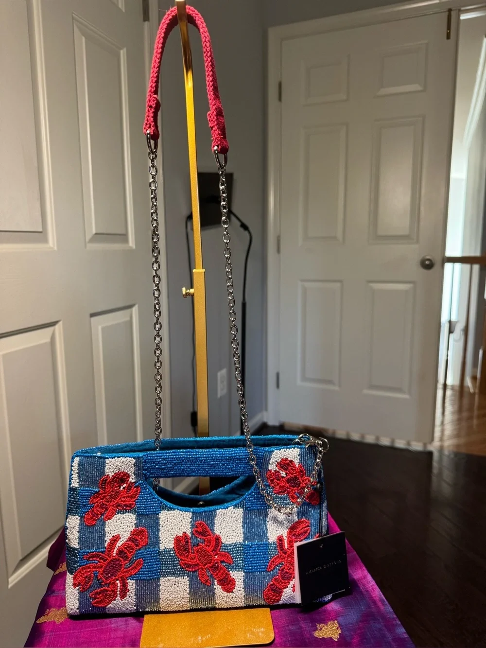 NWT America & Beyond Coastal Claw Beaded Gingham Lobster Clutch